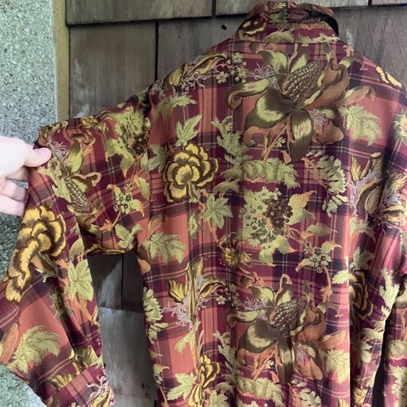 JAEGER Vintage Grate Britain 💯 Wool Brown Checked Floral Shirt Blouse Button Up - Picture 11 of 14